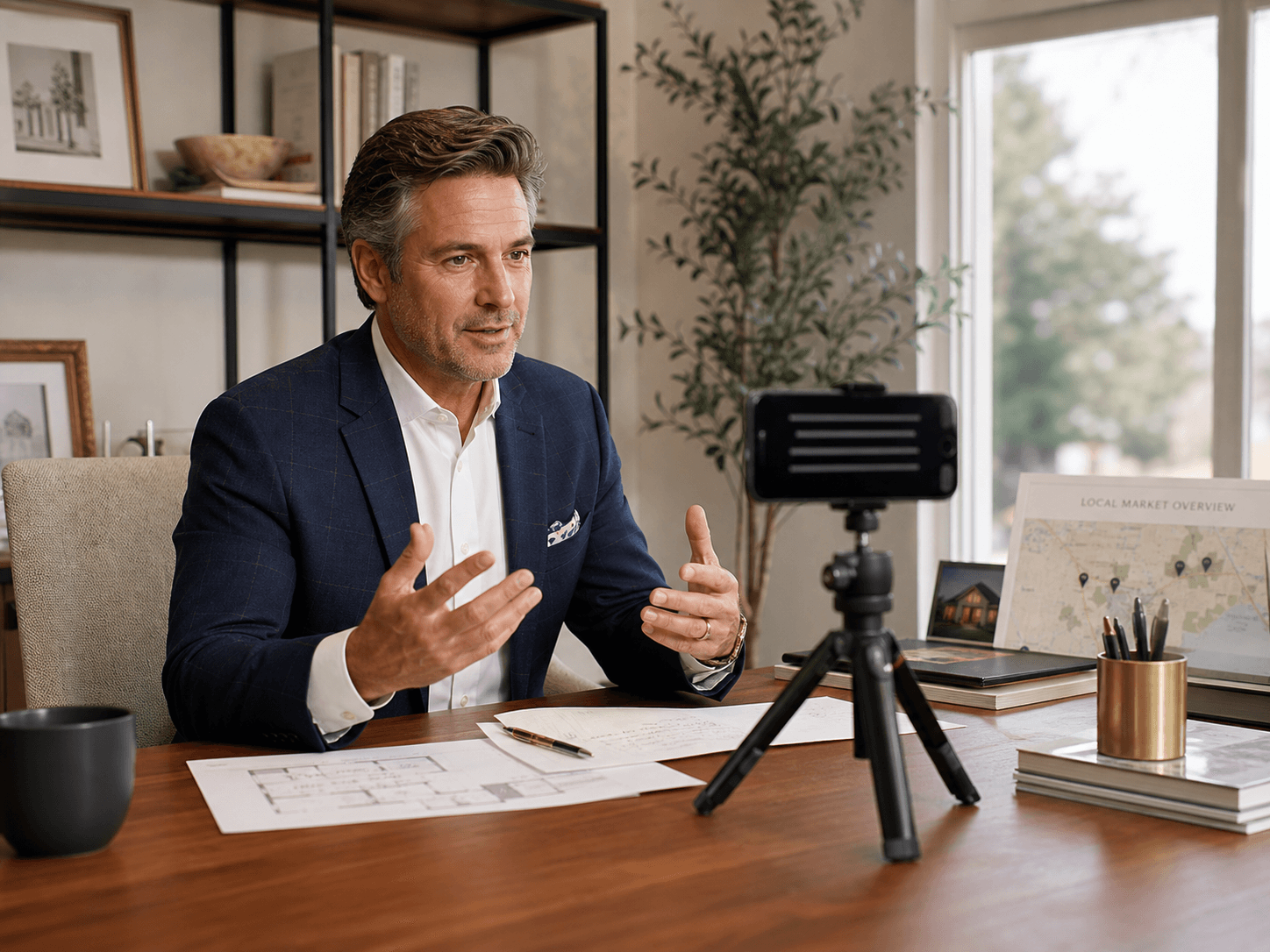 Real estate agent recording a short market update with a phone teleprompter in a home office